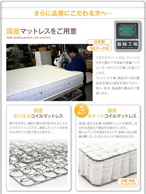 スーパSALE10倍&4時間限定10%OFF 工具いらずの組み立て・分解簡単収納ベッド 国産ボンネルコイルマットレス付き シングル