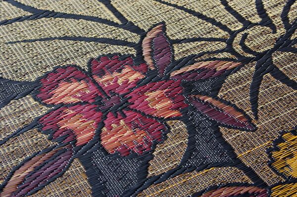 袋織 い草 ラグマット/絨毯 ブルー 約191×250cm 裏:不織布 日本製 防傷 抗菌 防臭 調湿機能付き 〔リビング〕代引NG