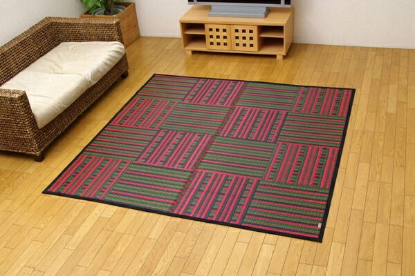 い草 ラグマット/絨毯 柳川段通 四重織 レッド 約191×191cm 日本製 抗菌 防臭 調湿機能付 〔リビング ダイニング〕代引NG