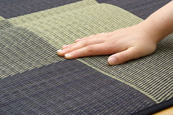 日本製 い草 花ござ/ラグマット ブロック柄 グレー 江戸間6畳 約261×352cm 裏:ウレタン 防傷 抗菌 防臭 調湿 〔リビング〕代引NG