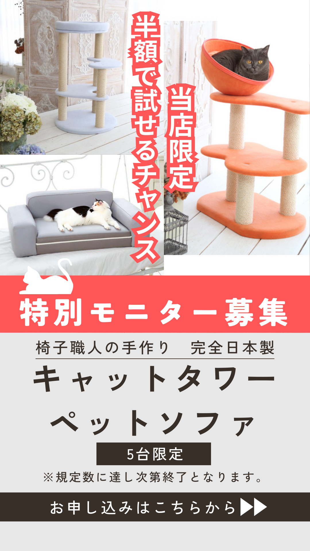 ５名様限定　日本製　キャットタワー・ペットソファ　モニター募集