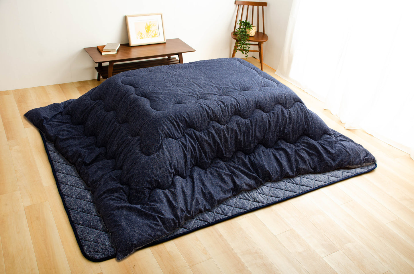 綿100％生地　デニム柄　ボリュームこたつ布団　正方形（こたつ掛布団）