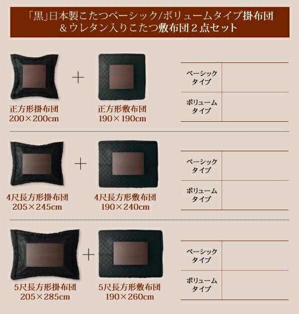 スーパSALE10倍＆4時間限定10％OFF こたつ こたつ布団 おしゃれ 「黒」日本製2タイプから選べるベーシック&ボリュームこたつ掛布団 こたつ用掛け布団単品 ベーシック 正方形(75×75cm)天板対応