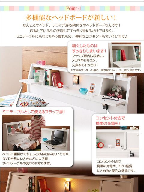 スーパSALE10倍＆4時間限定10％OFF 照明・コンセント付き収納ベッド ボンネルコイルマットレス付き セミダブル