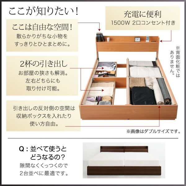 スーパSALE10倍＆4時間限定10％OFF コンセント付き収納ベッド プレミアムボンネルコイルマットレス付き セミダブル