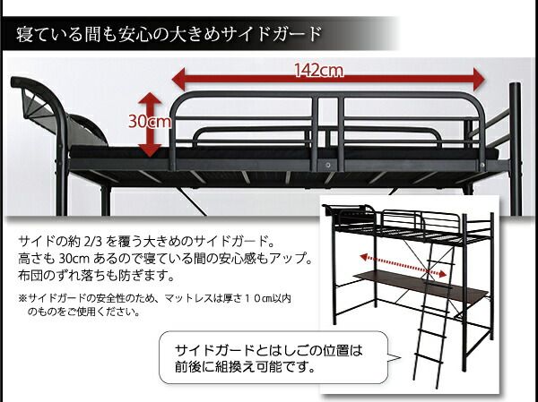 スーパSALE10倍＆4時間限定10％OFF ロフトベッド 階段 階段付き ハイタイプ ロフト ベッド システムベッド パイプ パイプベッド 収納 宮付き コンセント付 3段可動デスク&コンセント宮棚付きロフトベッド ベッドフレームのみ シングル