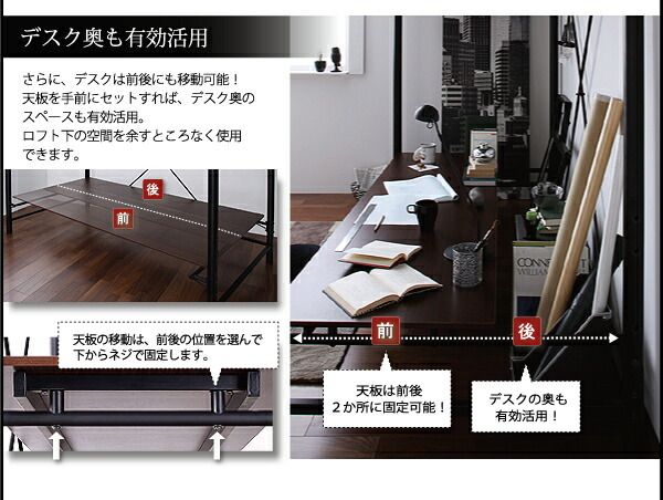 スーパSALE10倍＆4時間限定10％OFF ロフトベッド 階段 階段付き ハイタイプ ロフト ベッド システムベッド パイプ パイプベッド 収納 宮付き コンセント付 3段可動デスク&コンセント宮棚付きロフトベッド ベッドフレームのみ シングル