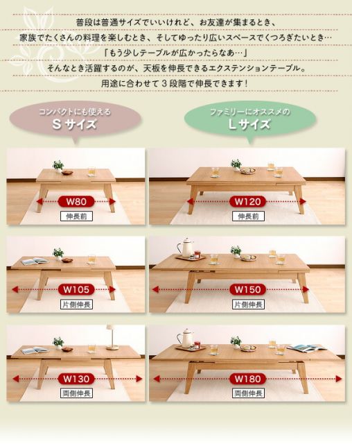 スーパSALE10倍＆4時間限定10％OFF 機能系テーブル ワイドに広がる伸長式!天然木エクステンションリビングローテーブル W120-180