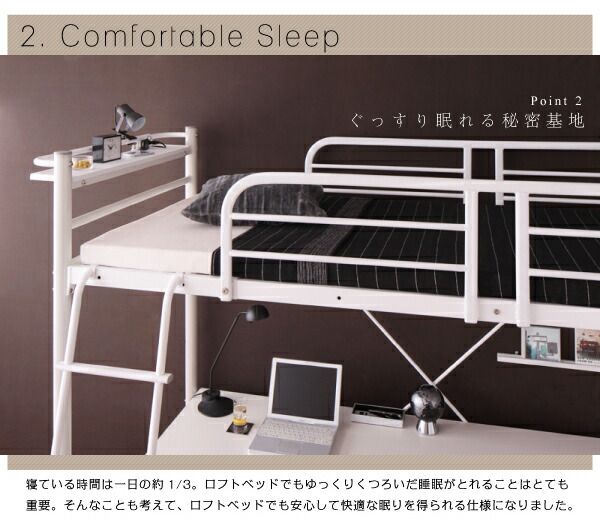 スーパSALE10倍＆4時間限定10％OFF ロフトベッド 階段 階段付き ハイタイプ ロフト ベッド システムベッド パイプ パイプベッド 収納 宮付き コンセント付 3段可動デスク&コンセント宮棚付きロフトベッド シングル ベッドフレームのみ
