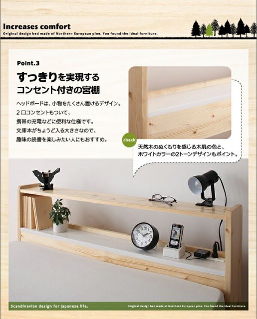 スーパSALE10倍＆4時間限定10％OFF 北欧デザインコンセント付きすのこベッド 国産カバーポケットコイルマットレス付き シングル