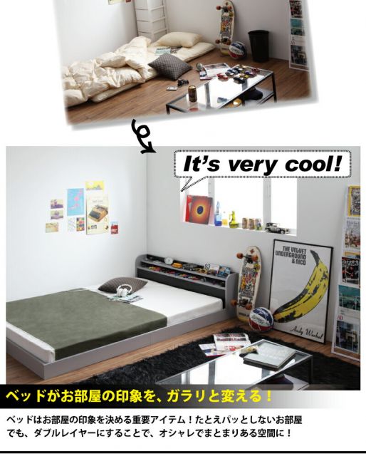 スーパSALE10倍＆4時間限定10％OFF 二段の棚・コンセント付きフロアベッド マルチラススーパースプリングマットレス付き ダブル