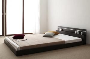 スーパSALE10倍＆4時間限定10％OFF モダンライト・コンセント付き国産フロアベッド 国産ボンネルコイルマットレス付き ダブル