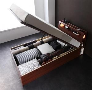 ベッド ベット シングルベッド 収納付きベッド マットレス付き 収納 収納付 跳ね上げベッド 深型 コンセント付 大容量 宮付き 照明 おしゃれ お客様組立 マルチラススーパースプリングマットレス付 シングル 深さラージ