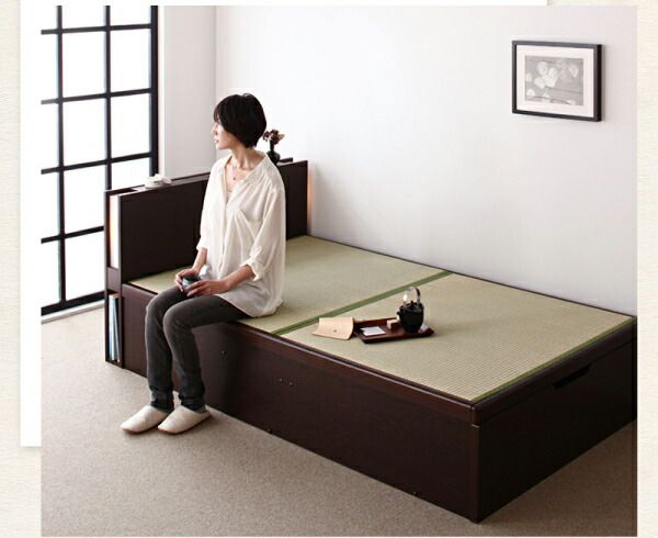 スーパSALE10倍＆4時間限定10％OFF お客様組立 照明・棚付きガス圧式跳ね上げ収納畳ベッド 国産タイプ 縦開き・ベッドガードなし セミダブル 深さレギュラー