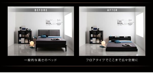 照明&隠し収納付き/モダンデザインフロアベッド プレミアムポケットコイルマットレス付き シングル