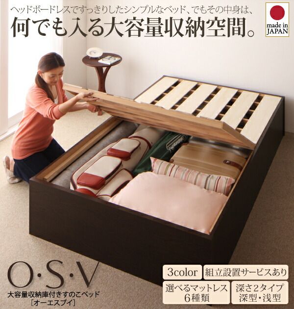 スーパSALE10倍＆4時間限定10％OFF お客様組立 大容量収納庫付きすのこベッド HBレス 薄型プレミアムボンネルコイルマットレス付き シングル 深さレギュラー