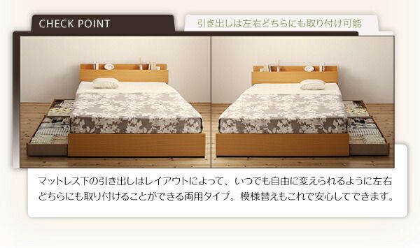 スーパSALE10倍＆4時間限定10％OFF 棚・コンセント付き収納ベッド 国産カバーポケットコイルマットレス付き ダブル