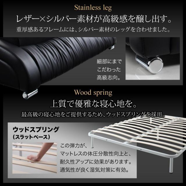 ベッド ダブルベッド クイーンベッド ベット マットレス付き ローベッド フロアベッド ベッドフレーム 背もたれ 高級 レザー Q D デザイン ブラック ホワイト 黒 白 おしゃれ ラグジュアリー スタンダードボンネルコイルマットレス付き ダブル