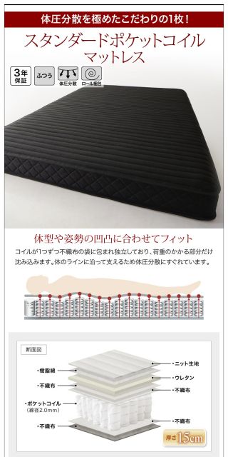 ベッド ベット ダブル クイーン D Q ベッドフレーム マットレス付 背もたれ ヘッドレスト 高級 レザー 高級感 デザイン ブラック ホワイト 黒 白 ローベッド フロアベッド 耐久性 傷防止 スタンダードポケットコイルマットレス付き クイーン