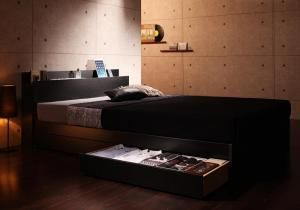 スーパSALE10倍＆4時間限定10％OFF 棚・コンセント付き収納ベッド 国産カバーポケットコイルマットレス付き ダブル