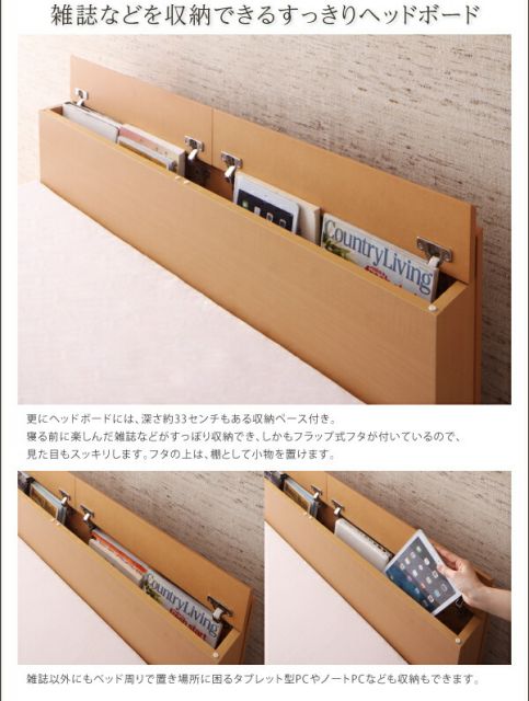 スーパSALE10倍＆4時間限定10％OFF お客様組立 収納ヘッドボード付ガス圧式跳ね上げ収納ベッド マルチラススーパースプリングマットレス付き 縦開き セミダブル 深さレギュラー
