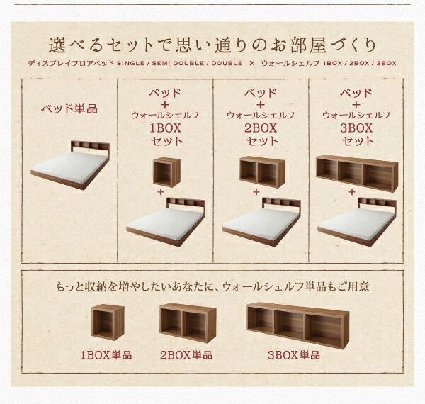 スーパSALE10倍＆4時間限定10％OFF ウォールシェルフ付ディスプレイフロアベッド 国産カバーポケットコイルマットレス付き ウォールシェルフ1BOX ダブル
