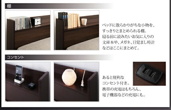 スーパSALE10倍＆4時間限定10％OFF 棚・コンセント付収納ベッド プレミアムポケットコイルマットレス付き キング