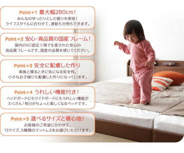 スーパSALE10倍＆4時間限定10％OFF 親子で寝られる棚・照明付き連結ベッド 天然ラテックス入り国産ポケットコイルマットレス付き ダブル