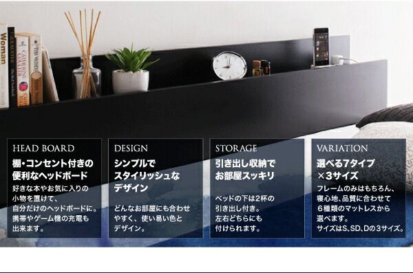 スーパSALE10倍＆4時間限定10％OFF 棚・コンセント付き収納ベッド マルチラススーパースプリングマットレス付き ダブル