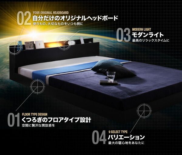 モダンライト・コンセント付きフロアベッド プレミアムボンネルコイルマットレス付き セミダブル
