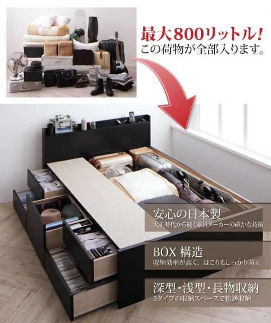 スーパSALE10倍＆4時間限定10％OFF お客様組立 棚・コンセント付き_大容量チェストベッド マルチラススーパースプリングマットレス付き セミダブル