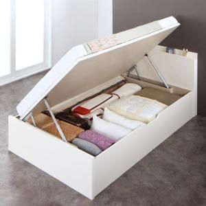 スーパSALE10倍＆4時間限定10％OFF お客様組立 国産跳ね上げ収納ベッド ホワイト 薄型プレミアムポケットコイルマットレス付き 横開き セミダブル 深さラージ