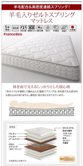 スーパSALE10倍＆4時間限定10％OFF 大型モダンフロアベッド 羊毛入りゼルトスプリングマットレス付き シングル