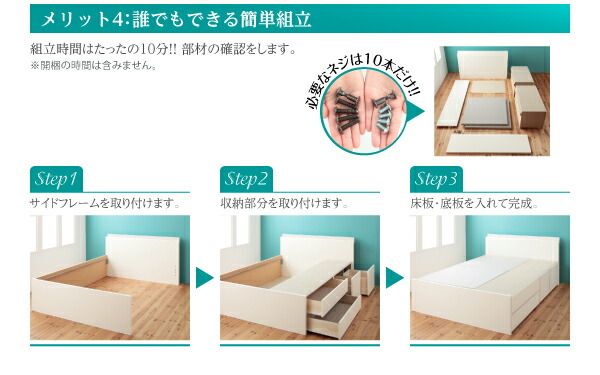 スーパSALE10倍＆4時間限定10％OFF お客様組立 日本製_棚・コンセント付き_大容量チェストベッド 薄型プレミアムポケットコイルマットレス付き ダブル