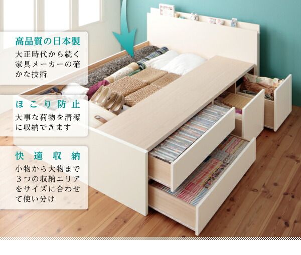スーパSALE10倍＆4時間限定10％OFF お客様組立 日本製_棚・コンセント付き_大容量チェストベッド 薄型プレミアムポケットコイルマットレス付き ダブル