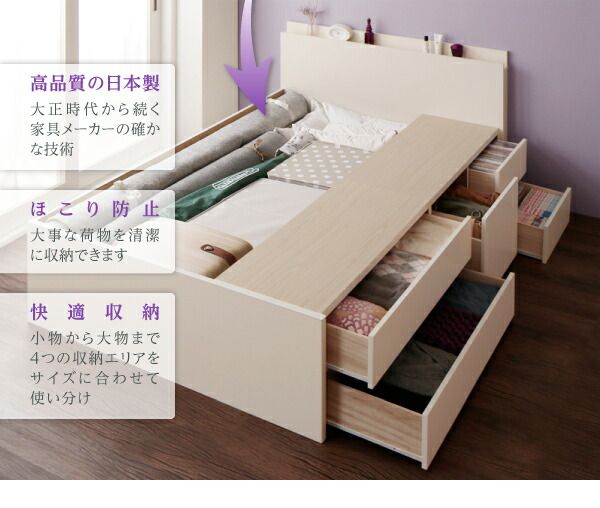 スーパSALE10倍＆4時間限定10％OFF お客様組立 日本製_棚・コンセント付き_大容量チェストベッド マルチラススーパースプリングマットレス付き セミダブル