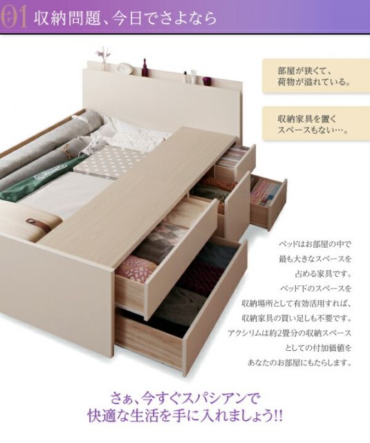 スーパSALE10倍＆4時間限定10％OFF お客様組立 日本製_棚・コンセント付き_大容量チェストベッド マルチラススーパースプリングマットレス付き セミダブル