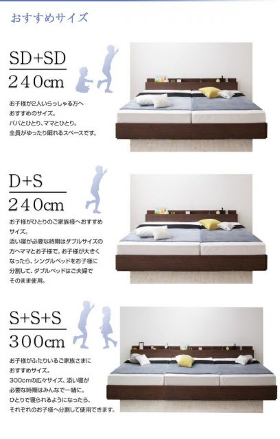 スーパSALE10倍＆4時間限定10％OFF 棚・コンセント・収納付き大型モダンデザインベッド スタンダードポケットコイルマットレス付き ワイドK240(SD×2)