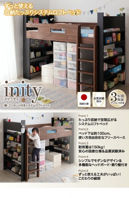 スーパSALE10倍＆4時間限定10％OFF お客様組立 棚・コンセント付きシステムロフトベッド 国産軽量ポケットコイルマットレス付き シングル