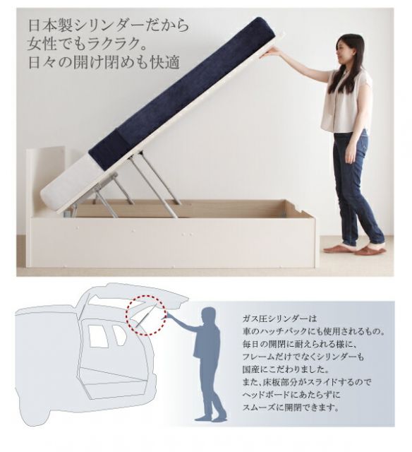 スーパSALE10倍＆4時間限定10％OFF ベッド ベット 収納付きベッド 収納 収納付 跳ね上げ マットレス付き 深型 日本製 ガス圧式 コンセント付 2口 大容量 収納家具 お客様組立 薄型プレミアムボンネルコイルマットレス付 シングル 深さレギュラー