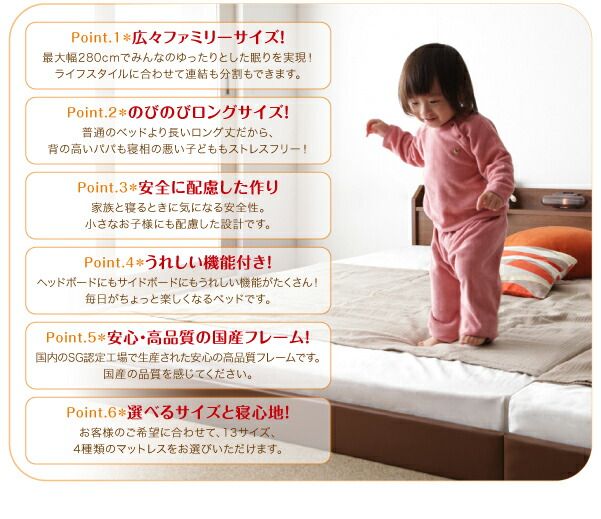 スーパSALE10倍＆4時間限定10％OFF 棚・照明・コンセント付ロング丈連結ベッド 国産ボンネルコイルマットレスハード付き キング ロング丈