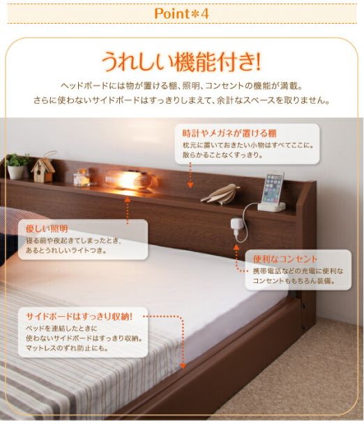 スーパSALE10倍＆4時間限定10％OFF 棚・照明・コンセント付ロング丈連結ベッド 国産ボンネルコイルマットレスハード付き ワイドK230 ロング丈
