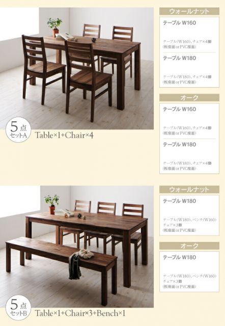 スーパSALE10倍＆4時間限定10％OFF ダイニングセット（テーブル&ベンチ チェア） 総無垢材ワイドダイニング 4人 4点セット(テーブル+チェア2脚+ベンチ1脚) ウォールナット 板座 W160