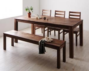 スーパSALE10倍＆4時間限定10％OFF ダイニングセット（テーブル&ベンチ チェア） 総無垢材ワイドダイニング 5人 5点セット(テーブル+チェア3脚+ベンチ1脚) ウォールナット 板座 W180