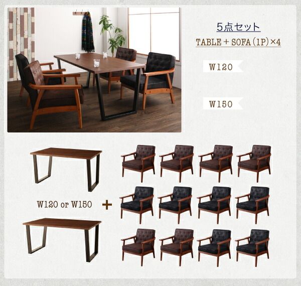 スーパSALE10倍＆4時間限定10％OFF ダイニングセット（テーブル&ソファ） ヴィンテージスタイル ソファダイニングセット 4人 4点セット(テーブル+2Pソファ1脚+1Pソファ2脚) W120
