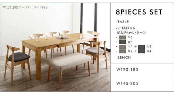 スーパSALE10倍＆4時間限定10％OFF 最大205cm 3段階伸縮 ワイドサイズデザイン ダイニング 6人 7点セット(テーブル+チェア6脚) W120-180