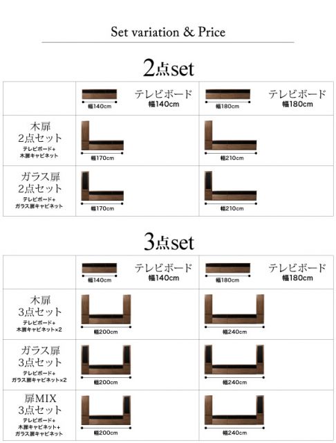 スーパSALE10倍＆4時間限定10％OFF キャビネットが選べるテレビボードシリーズ 3点セット(テレビボード+キャビネット×2) 木扉＆ガラス扉 幅180