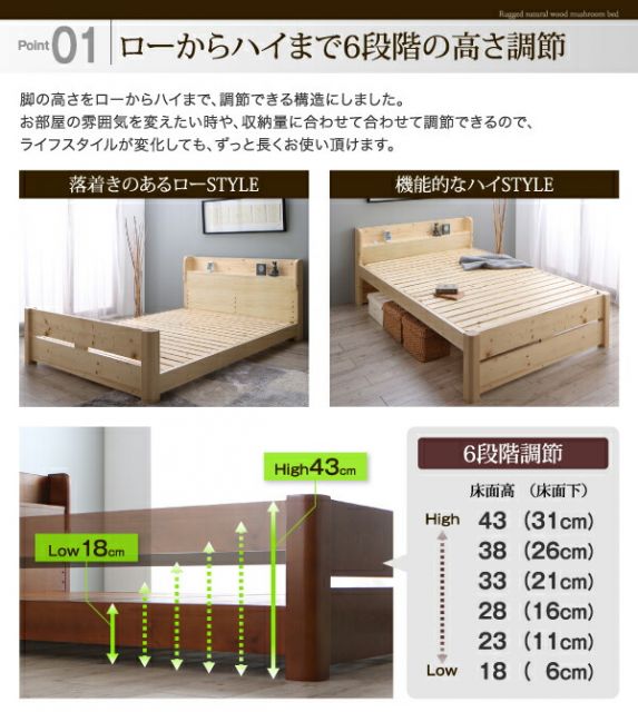 ローからハイまで高さが変えられる6段階高さ調節 頑丈天然木すのこベッド スタンダードボンネルコイルマットレス付き シングル