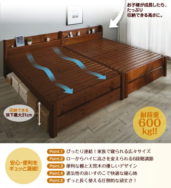 スーパSALE10倍＆4時間限定10％OFF 家族の成長に合わせて高さ調節できる頑丈すのこファミリーベッド スタンダードボンネルコイルマットレス付き ワイドK200
