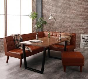 スーパSALE10倍＆4時間限定10％OFF ダイニングセット（テーブル&ソファ スツール） 古木風 ヴィンテージ アメリカンスタイル リビングダイニング 4人 4点セット(テーブル+ソファ1脚+アームソファ1脚+スツール1脚) 右アーム W120